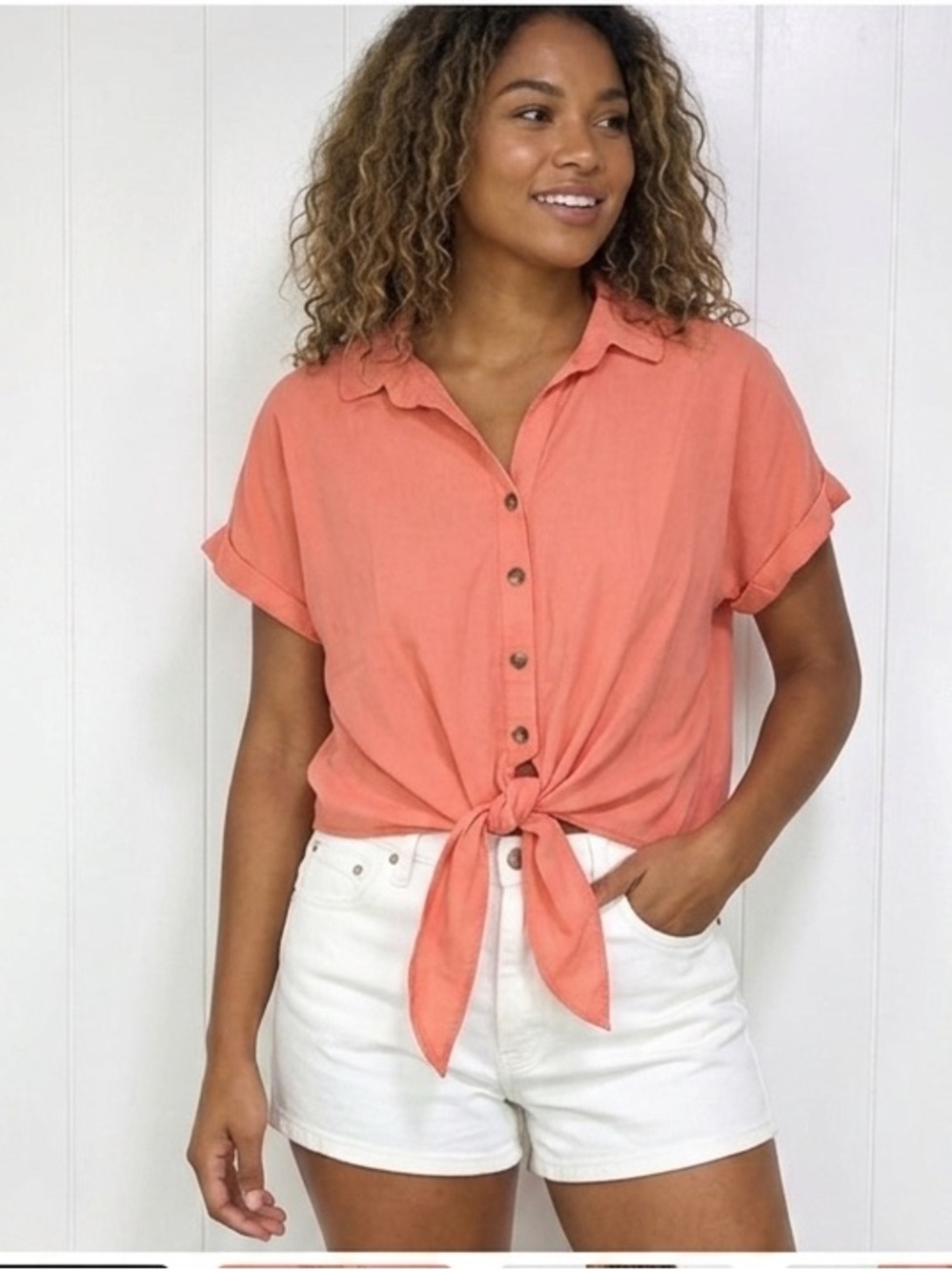 Show Me Your Mumu Women's Coral Button-Up Tie Front Top
